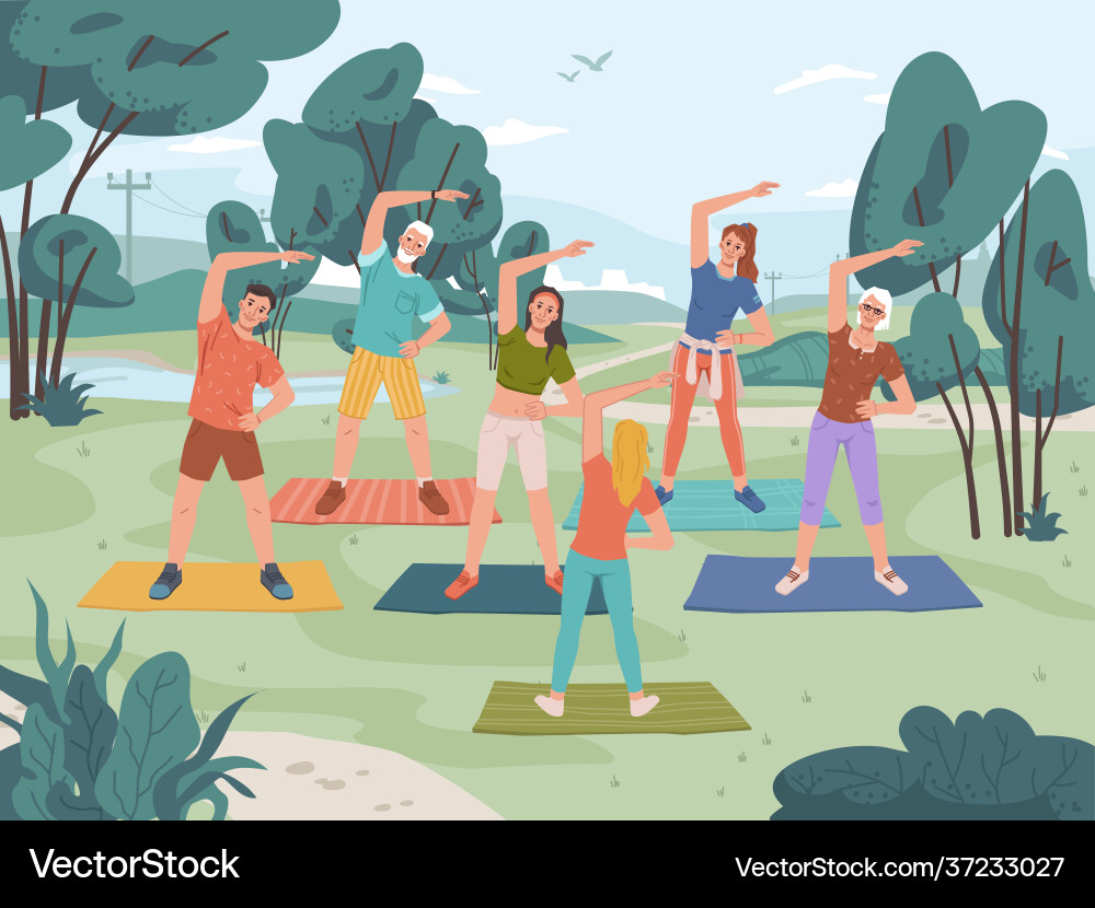 Yoga-Fitness-Kurse im Stadtpark trainieren Menschen Yoga-Fitness-Kurse im Stadtpark trainieren Menschen vektorbild