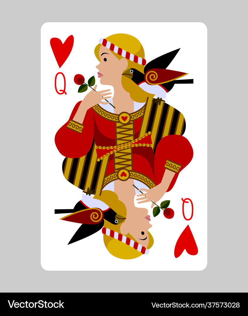 Queen hearts playing card in funny flat modern Queen hearts playing card in funny flat modern vector image