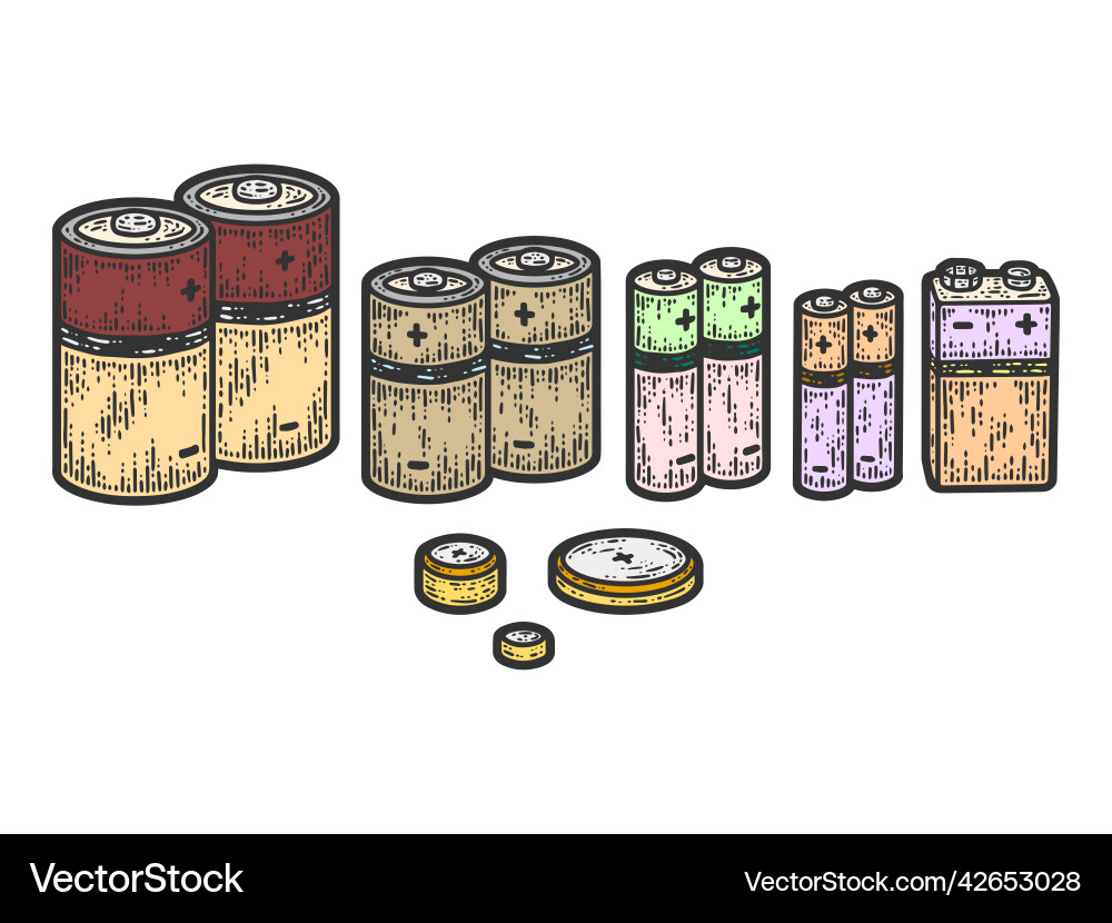 Set of different batteries color sketch scratch Set of different batteries color sketch scratch vector image