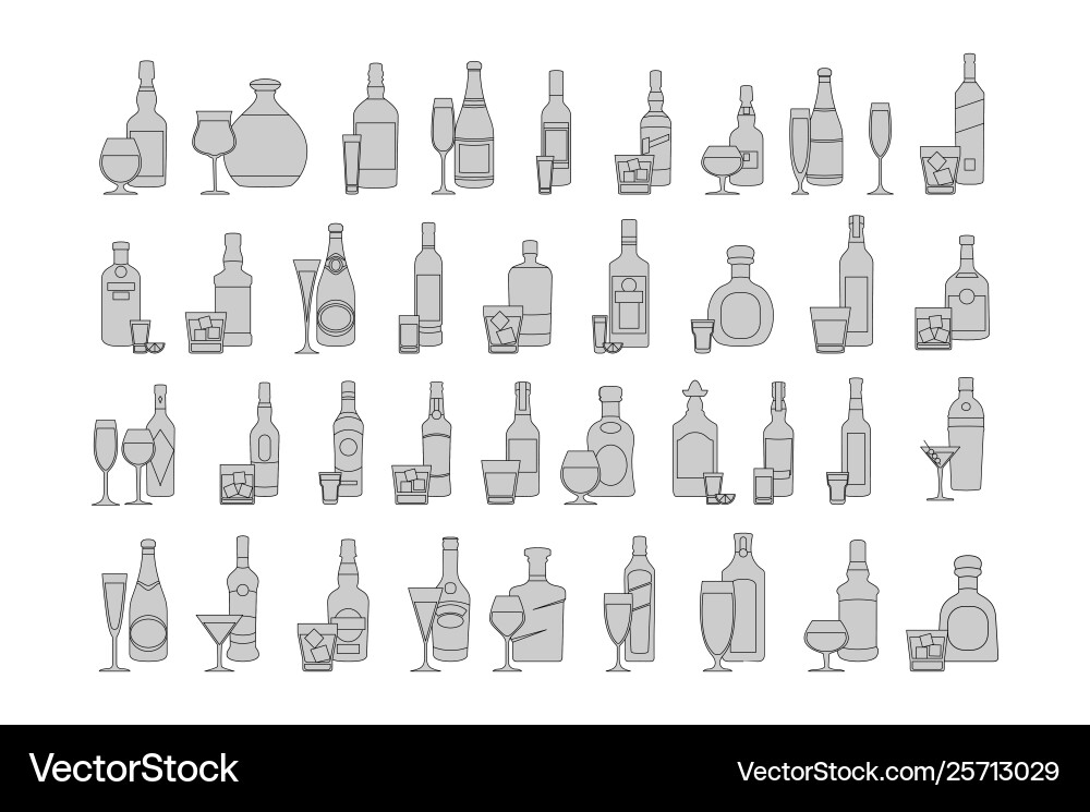Bottles and glasses line black icon set holiday Bottles and glasses line black icon set holiday vector image