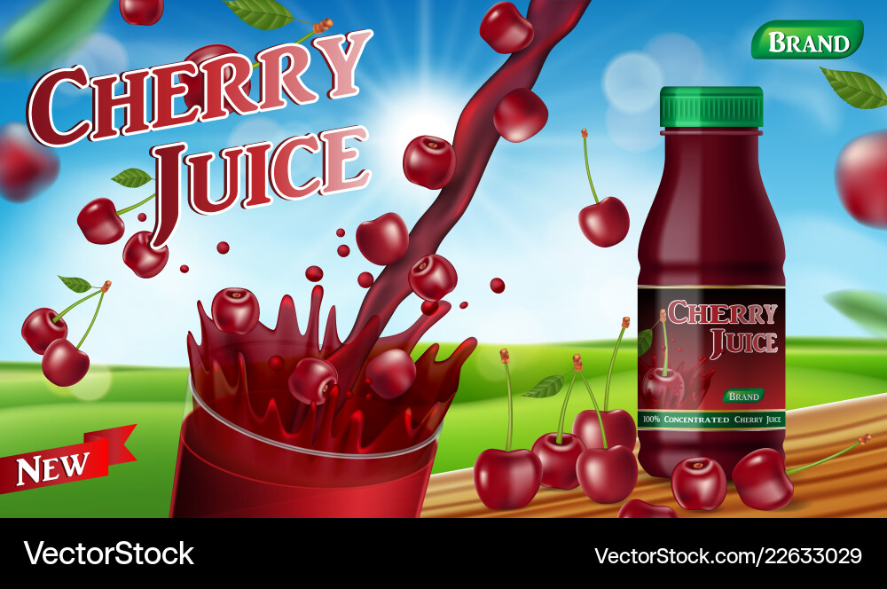 Cherry juice with splash isolated on bokeh Cherry juice with splash isolated on bokeh vector image