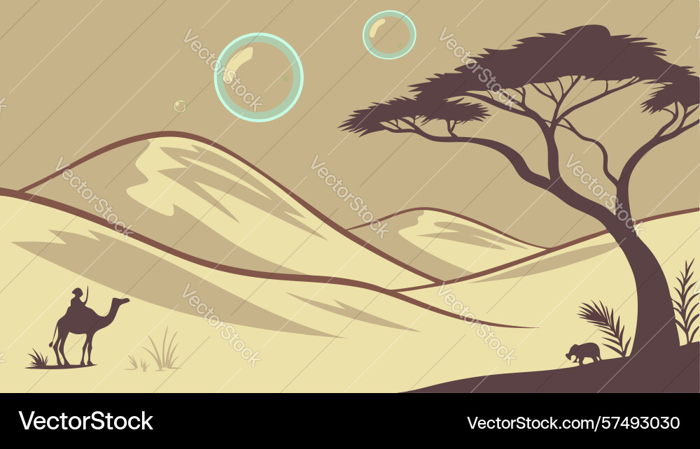 Camels tree in surreal desert with floating Vector Image