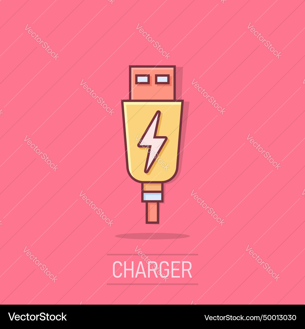 Usb cable icon in comic style electric charger Usb cable icon in comic style electric charger vector image
