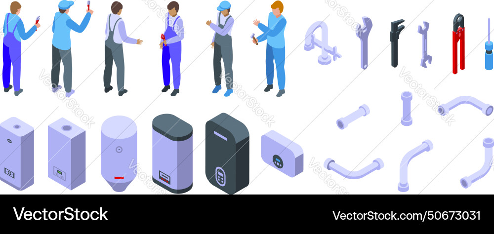 Fix heater pipeline icons set isometric vector image