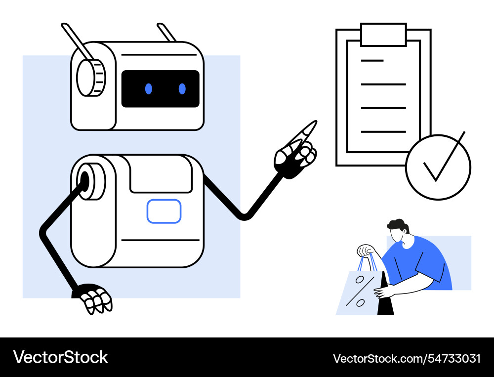 Robot pointing to checklist with man holding Robot pointing to checklist with man holding vector image