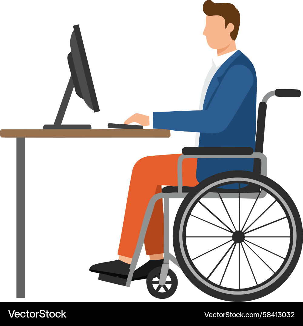 Man Working on Computer in Wheelchair Vector Image