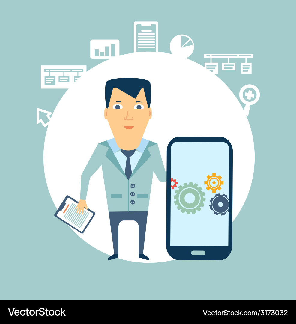 Programmer works in a mobile phone Vector Image