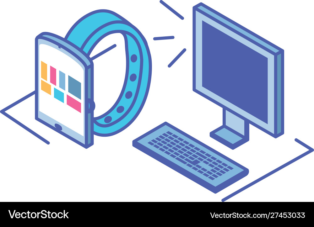 Desktop computer screen with smart watch Desktop computer screen with smart watch Vector Image
