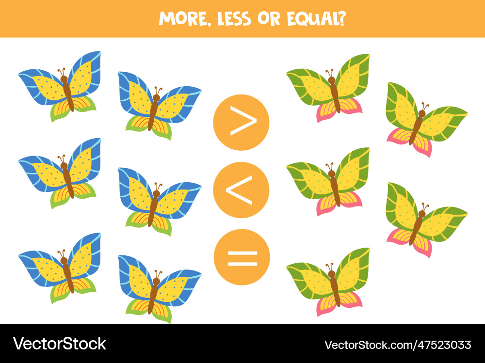 More less equal with cute cartoon butterflies More less equal with cute cartoon butterflies vector image