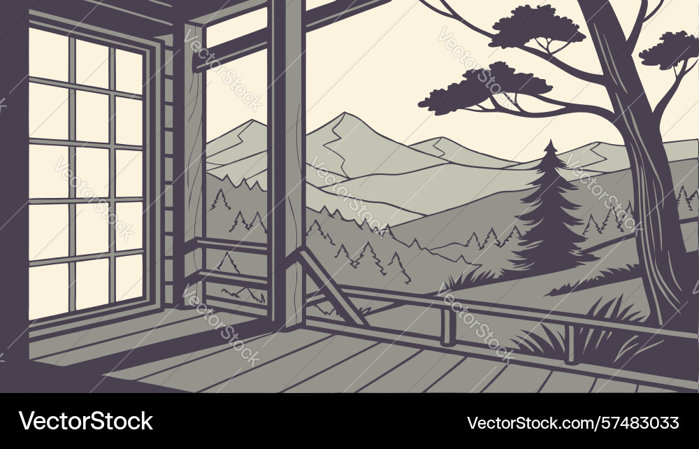 Open window view of a forest with distant vector image