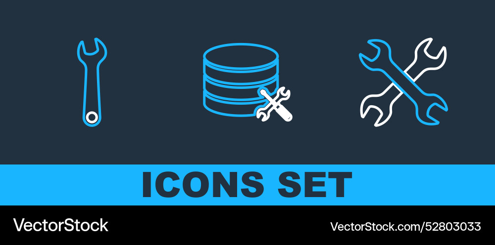 Set line crossed wrenchs wrench and database Set line crossed wrenchs wrench and database vector image