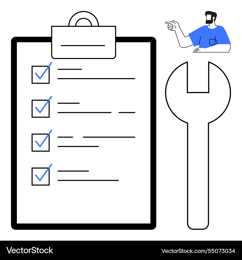 Man pointing at clipboard checklist with large Man pointing at clipboard checklist with large vector image