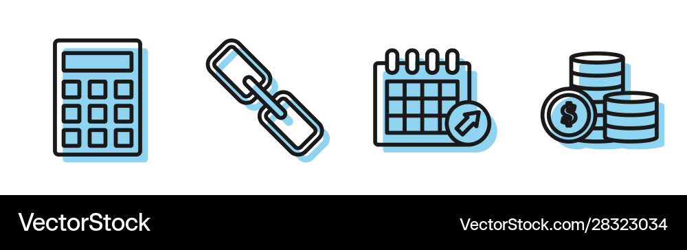 Set line calendar calculator chain link and coin Set line calendar calculator chain link and coin vector image