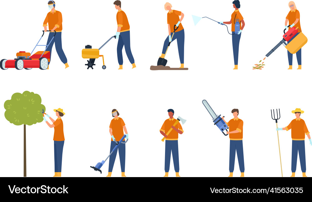 Flat garden workers with equipment trimming tree Flat garden workers with equipment trimming tree vector image