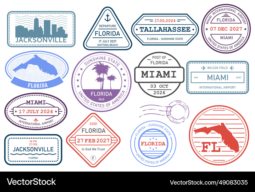 Florida stamps set postage stamp with symbols Florida stamps set postage stamp with symbols vector image