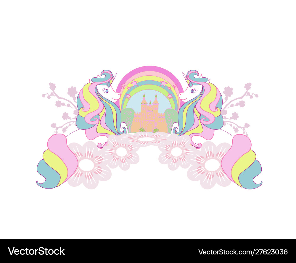 Cute unicorns and fairy-tale princess castle Cute unicorns and fairy-tale princess castle vector image