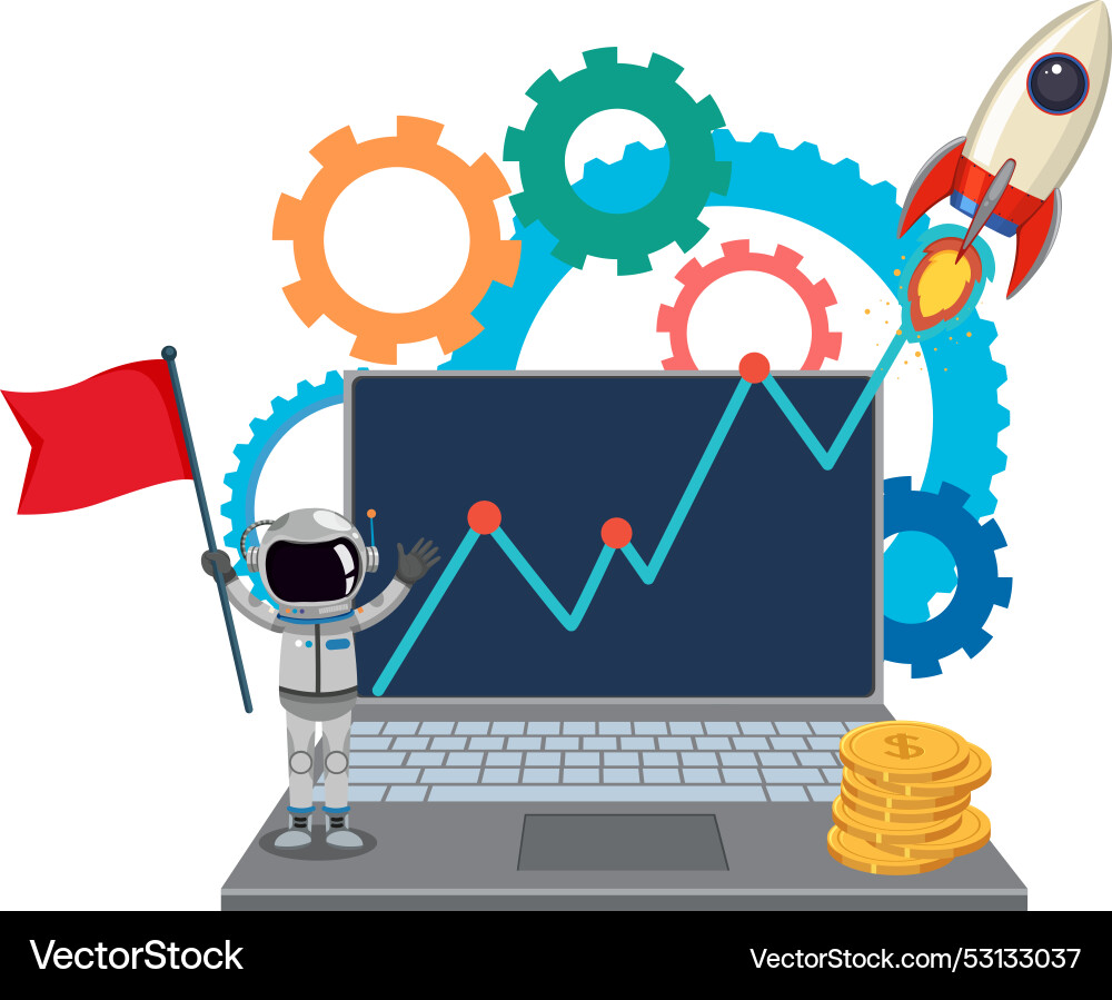 Astronaut rocket and laptop with growth chart Astronaut rocket and laptop with growth chart vector image
