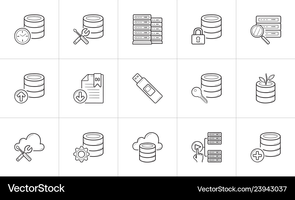 Database hand drawn outline doodle icon set Database hand drawn outline doodle icon set vector image