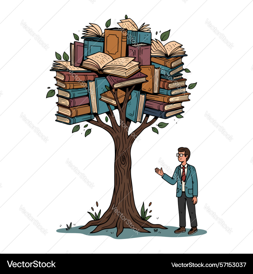 Knowledge tree with man presenting symbolizing Vector Image