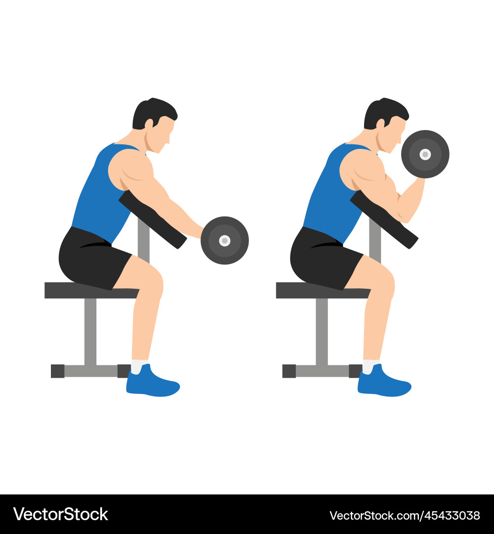 Man doing one arm dumbbell preacher curl side view Man doing one arm dumbbell preacher curl side view vector image