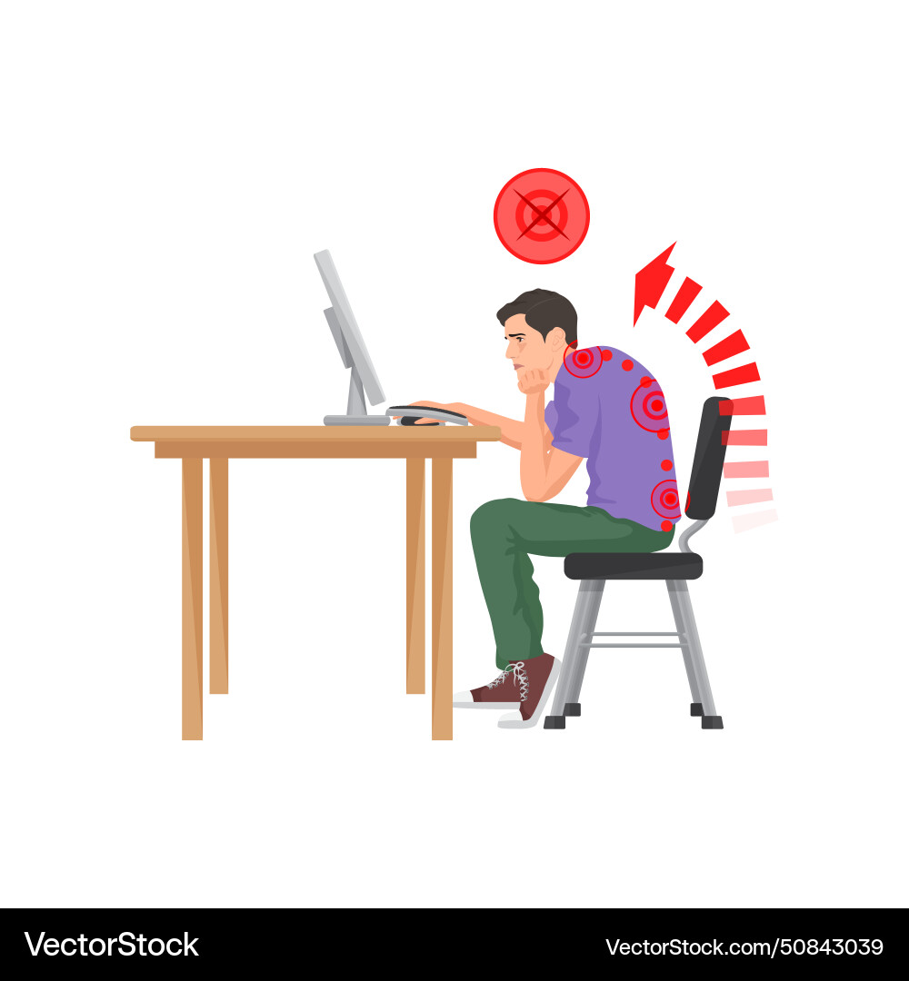 Incorrect spine posture sitting at computer vector image