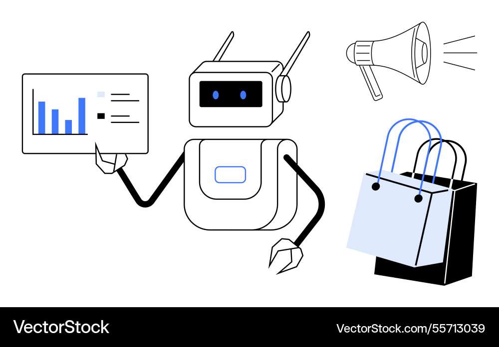 Robot analyzing business data for marketing Robot analyzing business data for marketing vector image