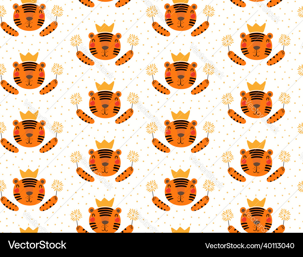 Cute tigers with sparklers dots seamless pattern Cute tigers with sparklers dots seamless pattern Vector Image