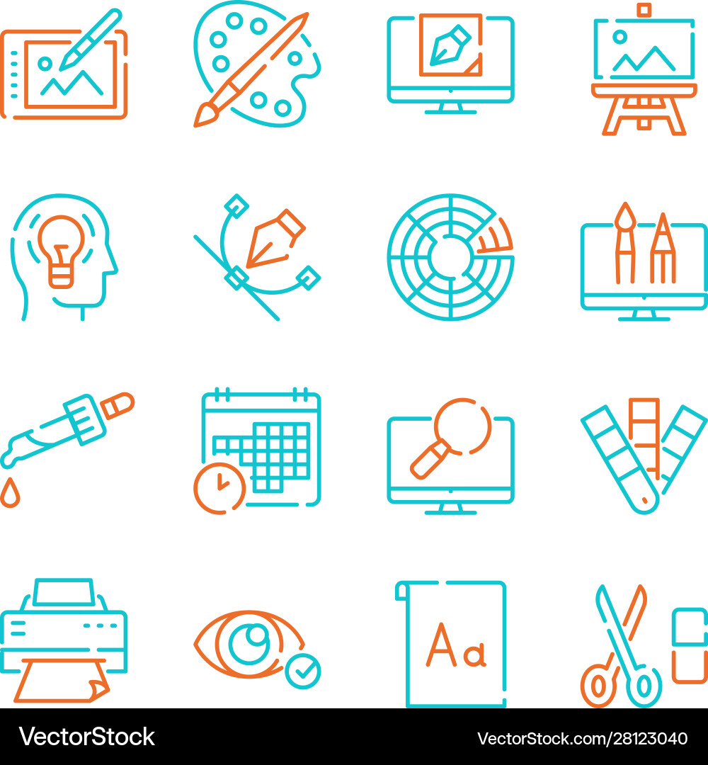 Graphic design studio color linear icons set Graphic design studio color linear icons set vector image