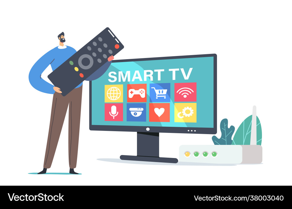 Tiny character with huge remote control stand Vector Image