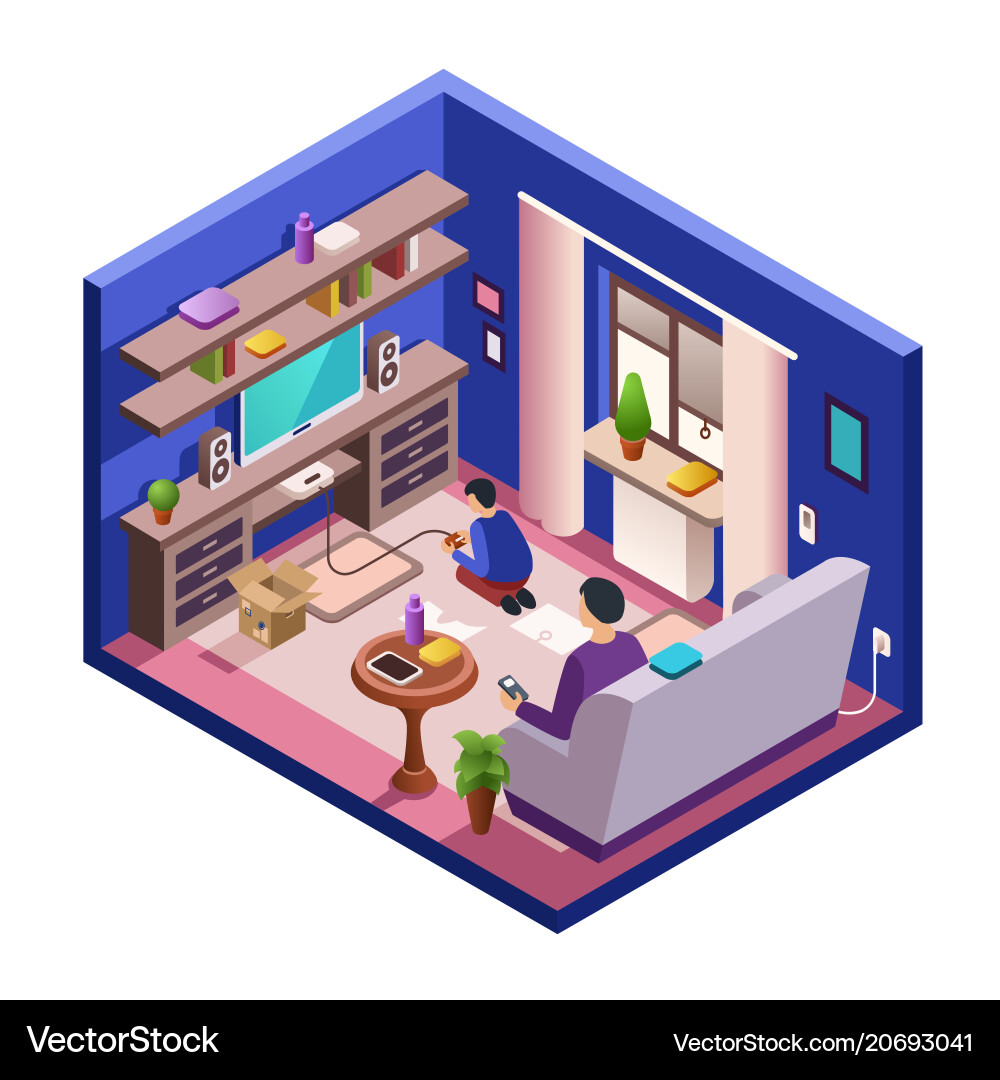 Isometric living room interior with people vector image