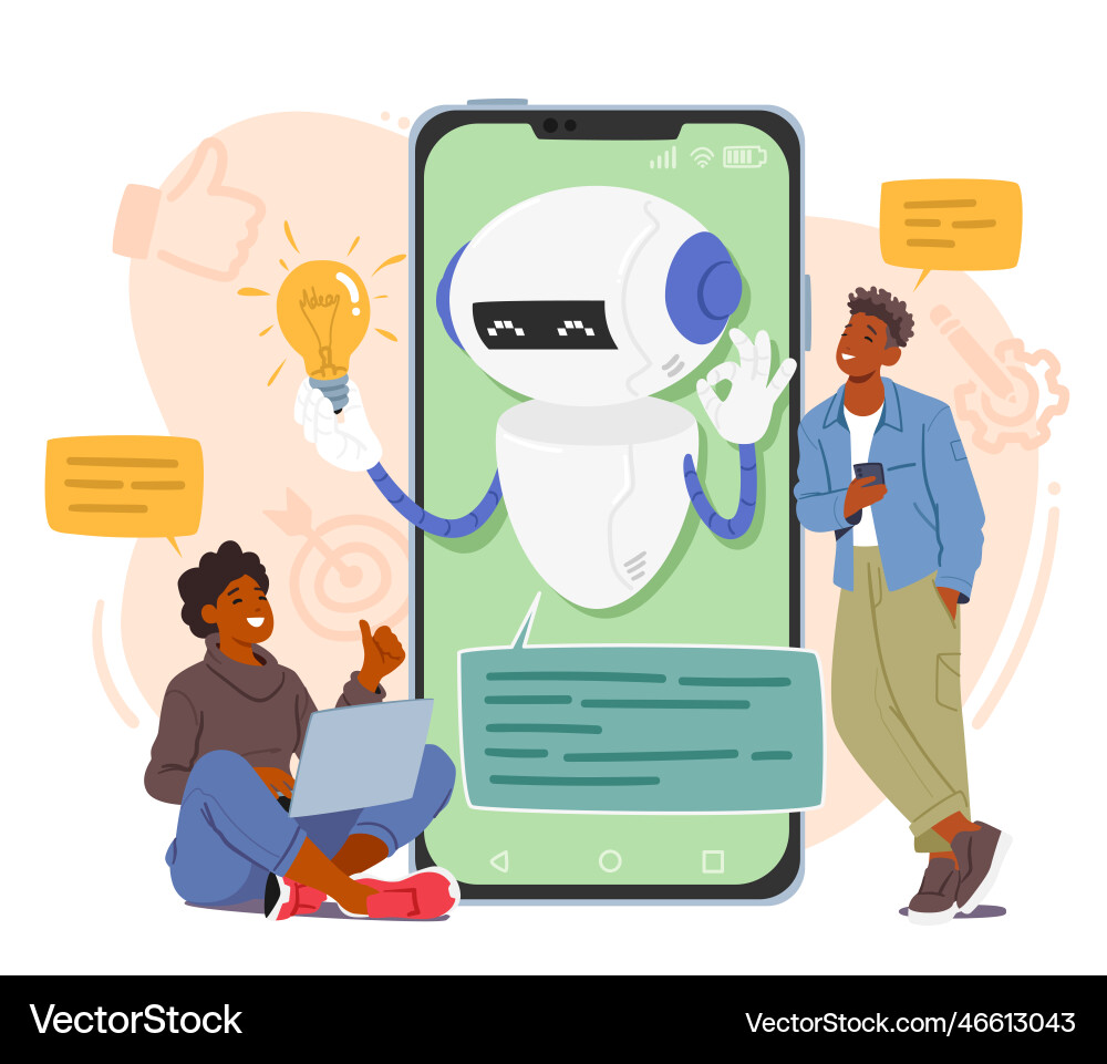 Characters interact with chatbot services through Characters interact with chatbot services through vector image