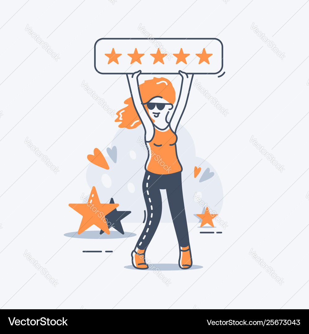 Ein Mädchen hält fünf Sterne-Rating-Zeichen über ihr Ein Mädchen hält fünf Sterne-Rating-Zeichen über ihr vektorbild