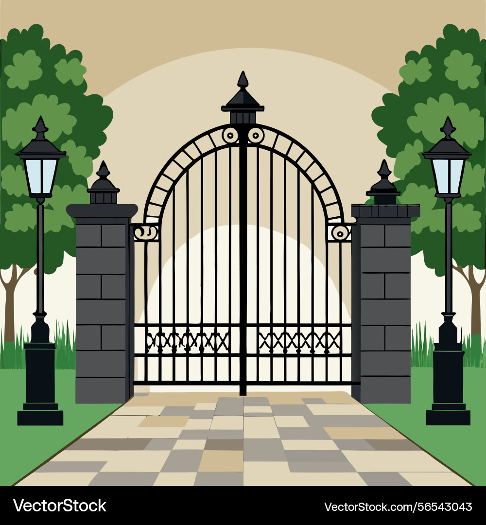 Ornate gate with trees and lamp posts vector image