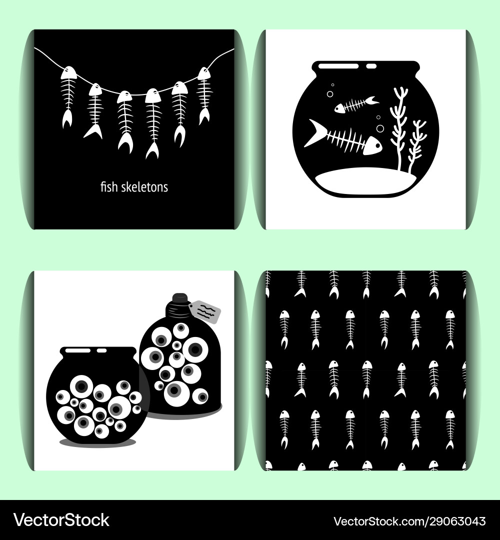 Set and patterns with fish skelet vector image