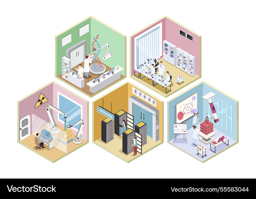 Laboratory 3d isometric rooms concept in isometry Vector Image