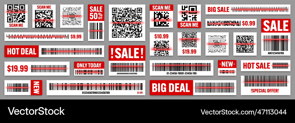 Product barcodes and qr codes with red scanning Product barcodes and qr codes with red scanning vector image