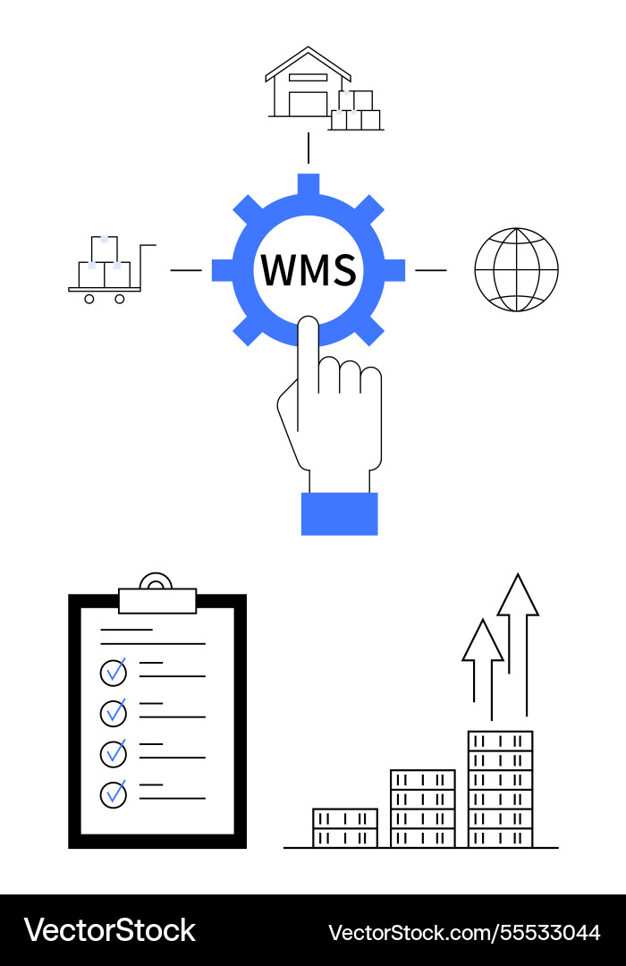 Warehouse management system workflow with gear Warehouse management system workflow with gear Vector Image