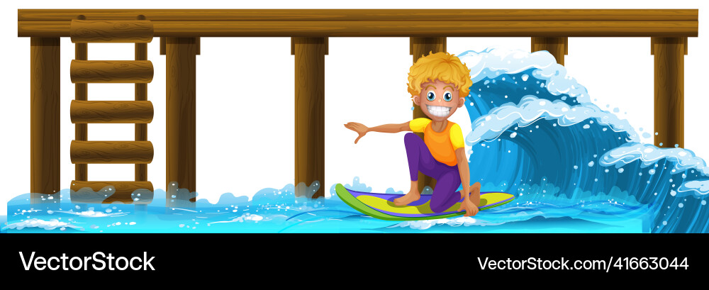 Wooden pier with a boy on surfboard Wooden pier with a boy on surfboard vector image