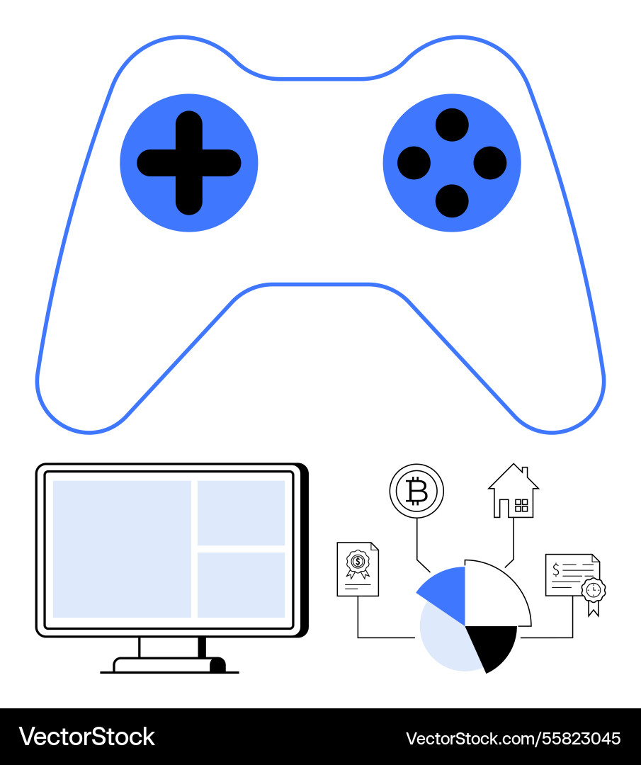 Gaming controller above computer monitor Gaming controller above computer monitor Vector Image