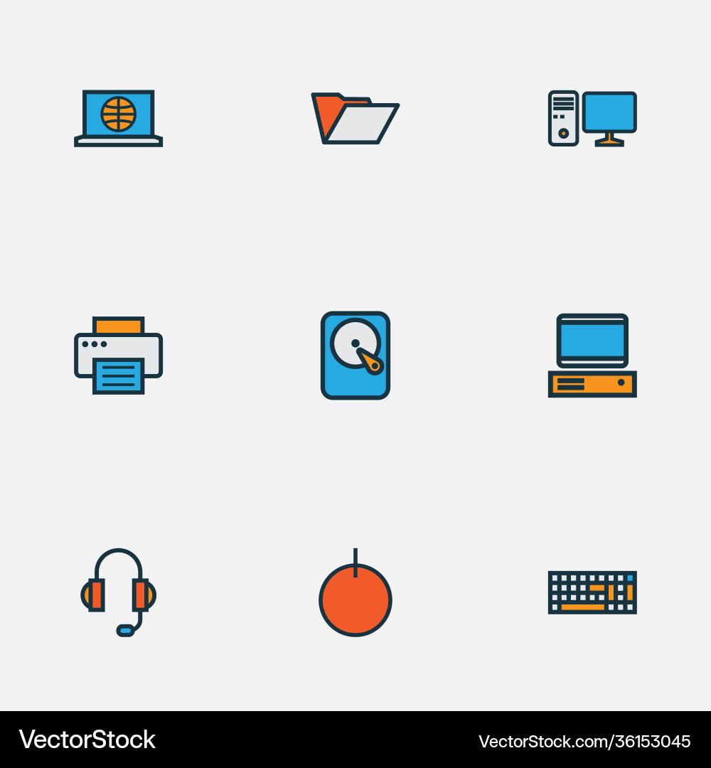 Hardware icons colored line set with pc computer Hardware icons colored line set with pc computer vector image