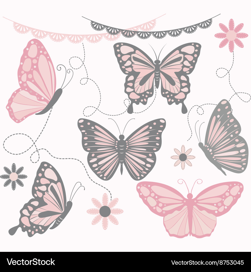 Pink and Grey Butterfly Collection Vector Image