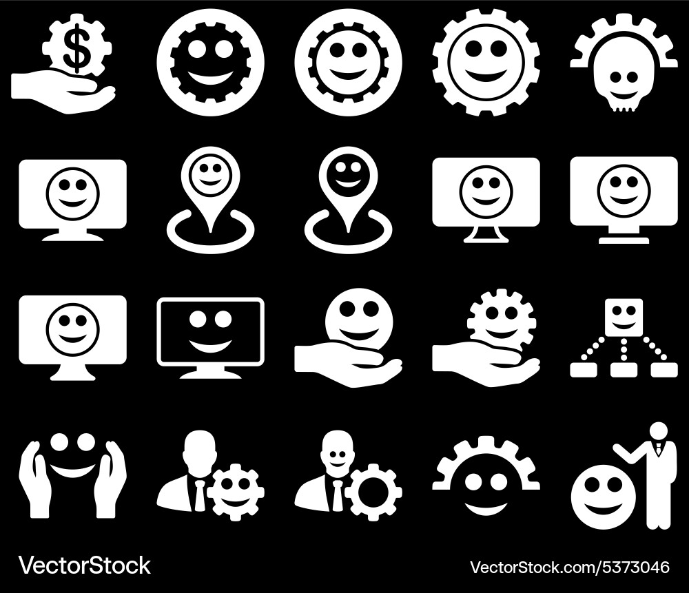 Tools gears smiles map markers icons Vector Image