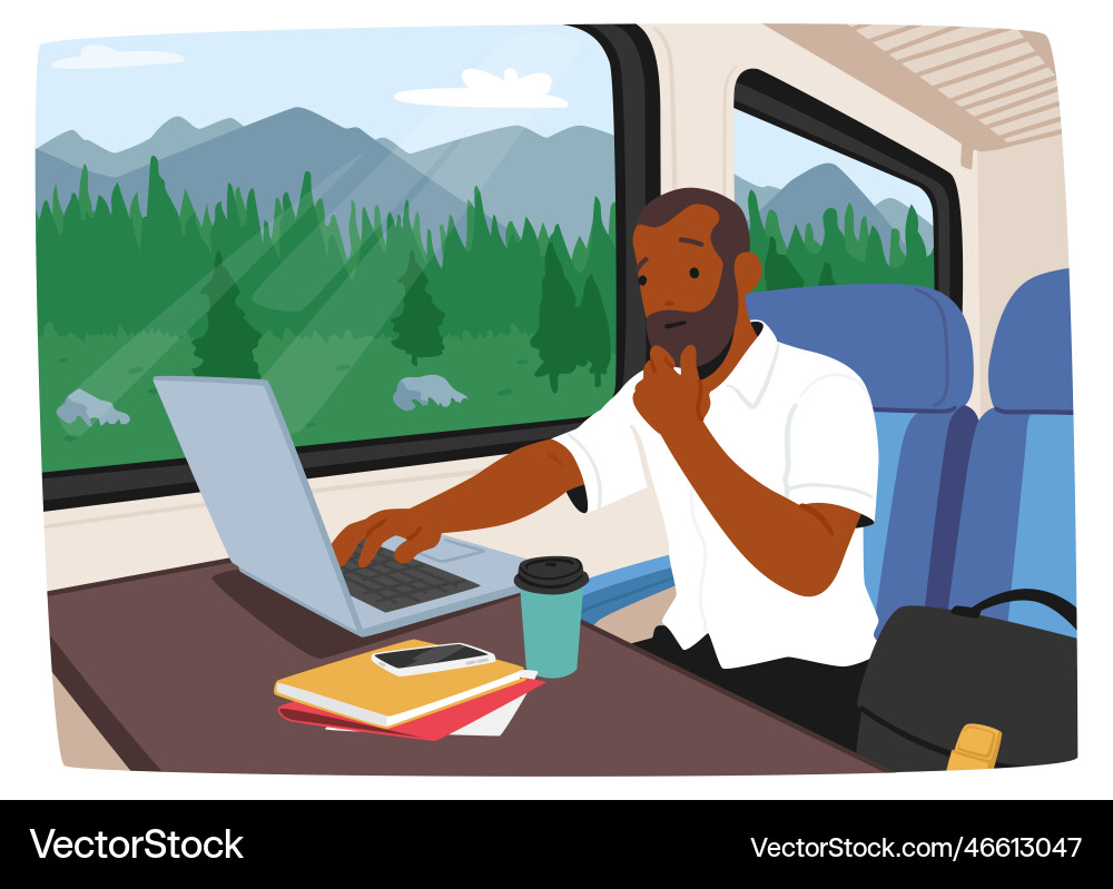 Man using a laptop while on train commute he Man using a laptop while on train commute he Vector Image