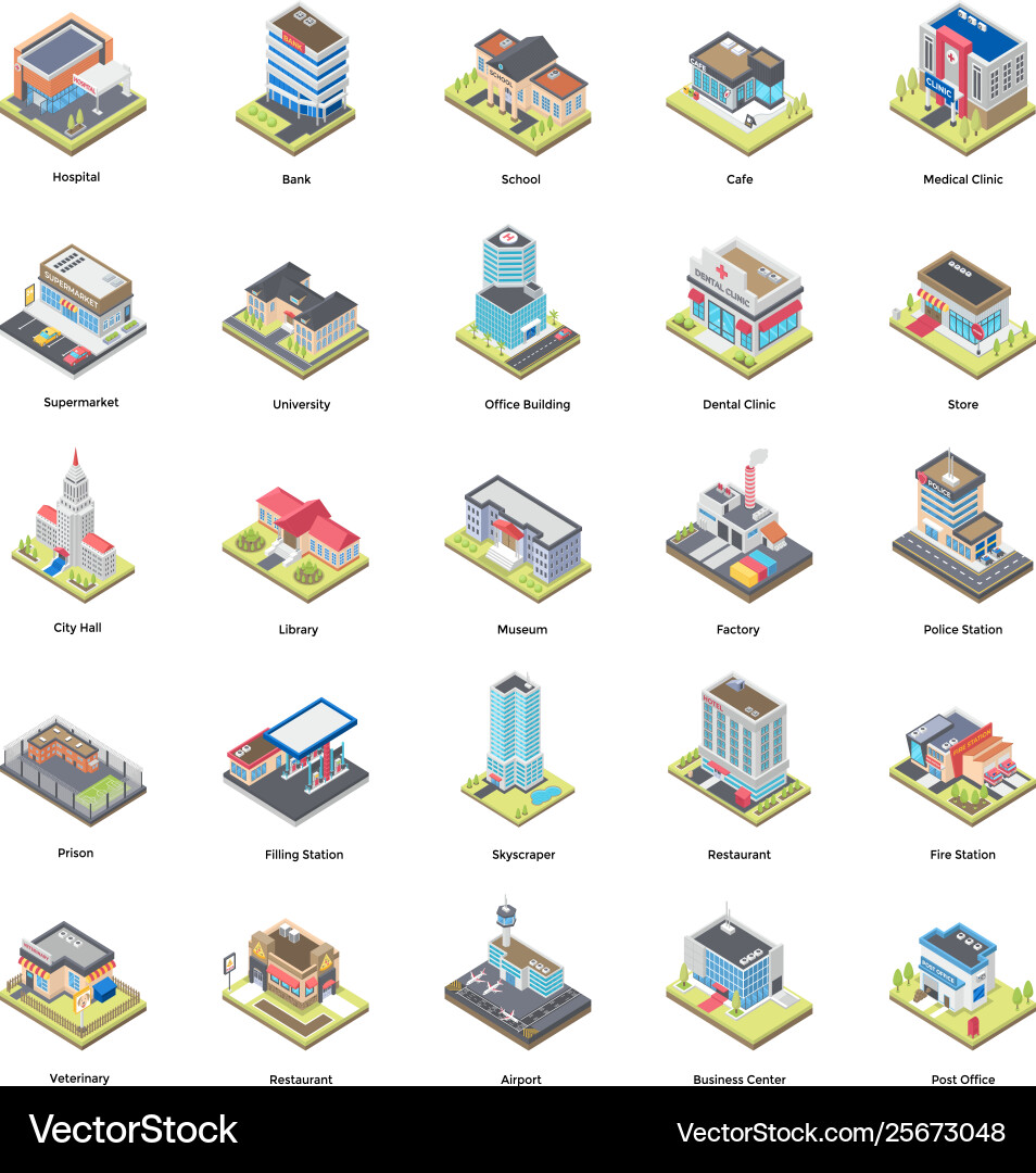 Isometric Building Icons - Diverse Architecture vector image