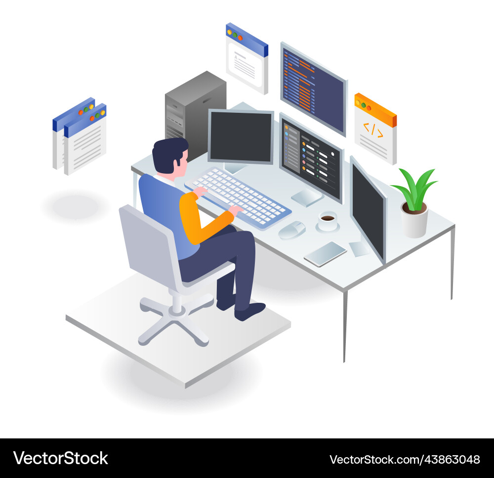 Programmer working on computer with lots of data Programmer working on computer with lots of data vector image