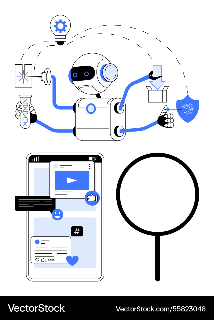 Robot performing multiple tasks and analyzing data Robot performing multiple tasks and analyzing data Vector Image