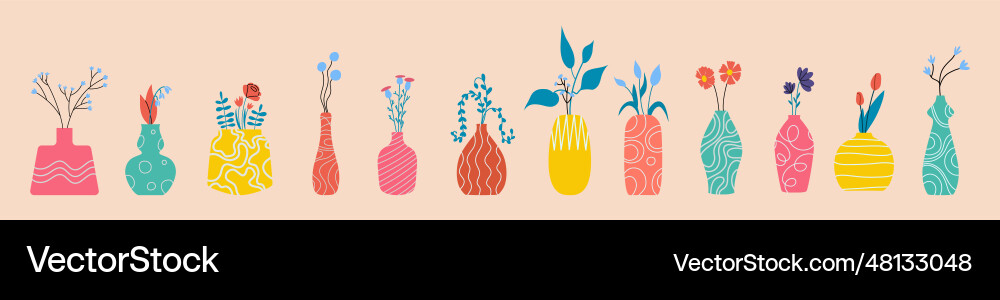 Set a collection of abstract vase with flowers Vector Image