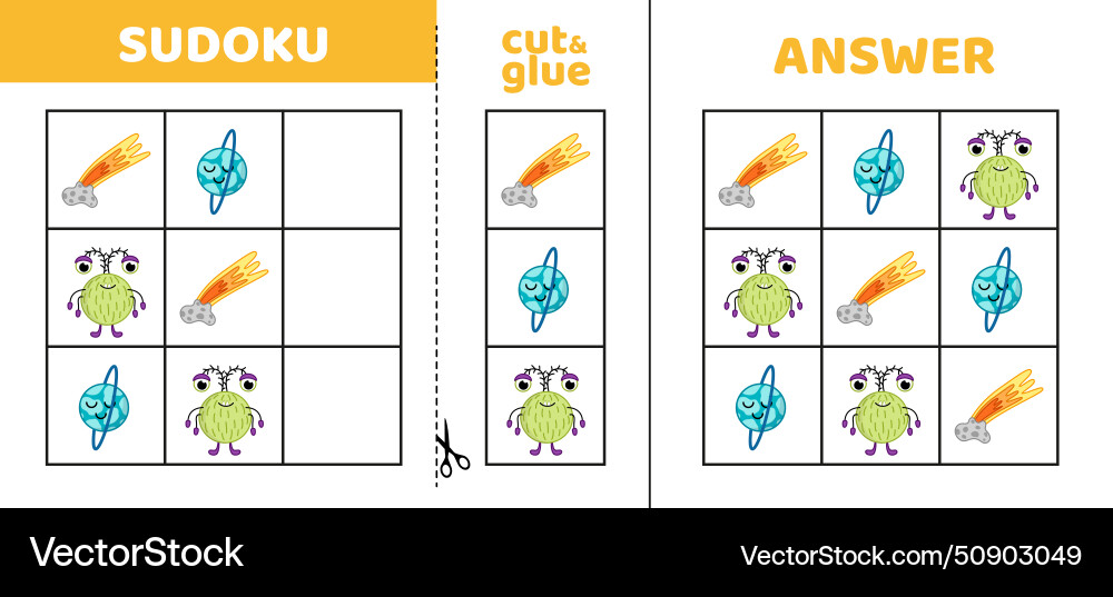Easy sudoku with meteor planet alien game Vector Image