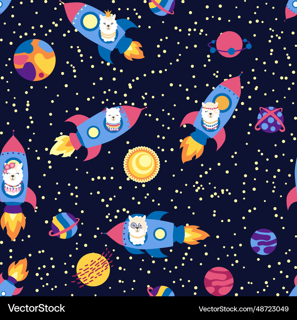 Seamless pattern with lama in a rocket space Seamless pattern with lama in a rocket space Vector Image