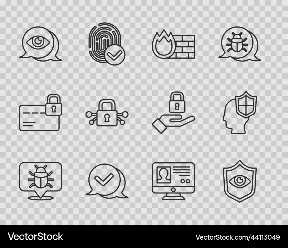 Set line system bug shield and eye firewall Set line system bug shield and eye firewall vector image